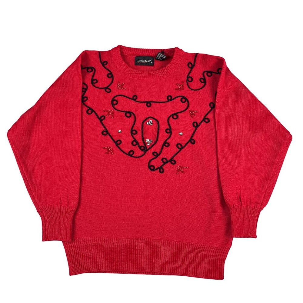 Vintage Beautifully Mine Womens 80s Rhinetone Red Sweater Sz Medium